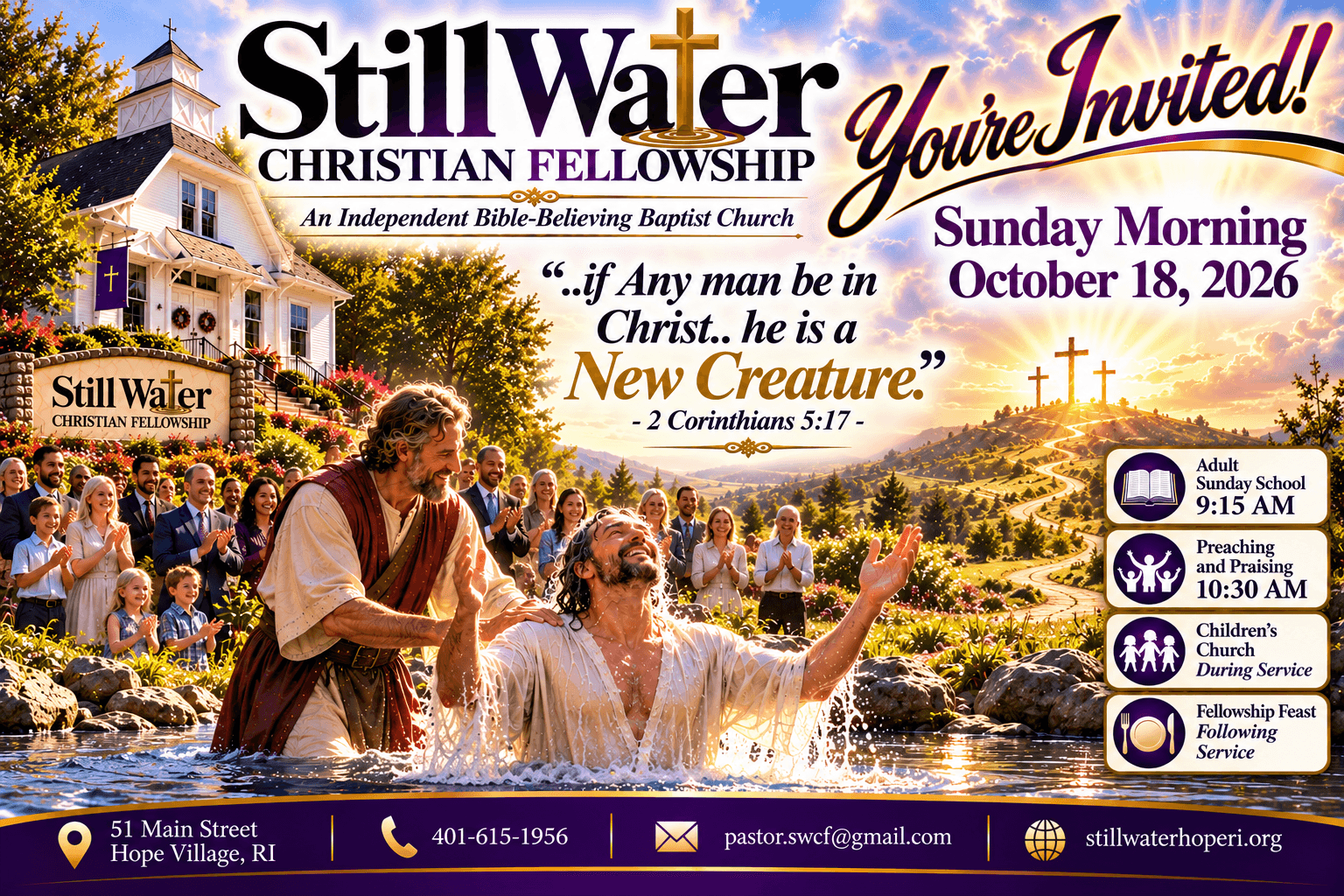 Sunday morning service invitation for October 18, 2026 at Still Water Christian Fellowship