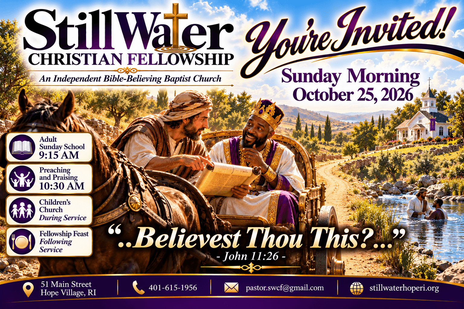 Sunday morning service invitation for October 25, 2026 at Still Water Christian Fellowship