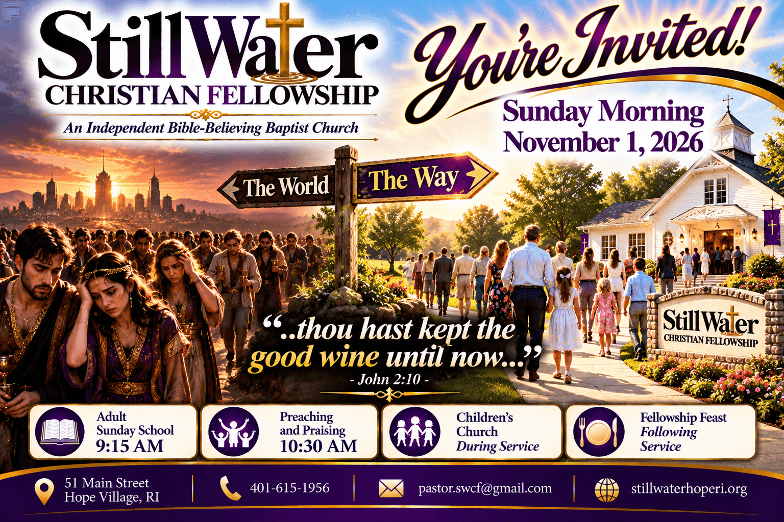Sunday morning service invitation for November 1, 2026 at Still Water Christian Fellowship