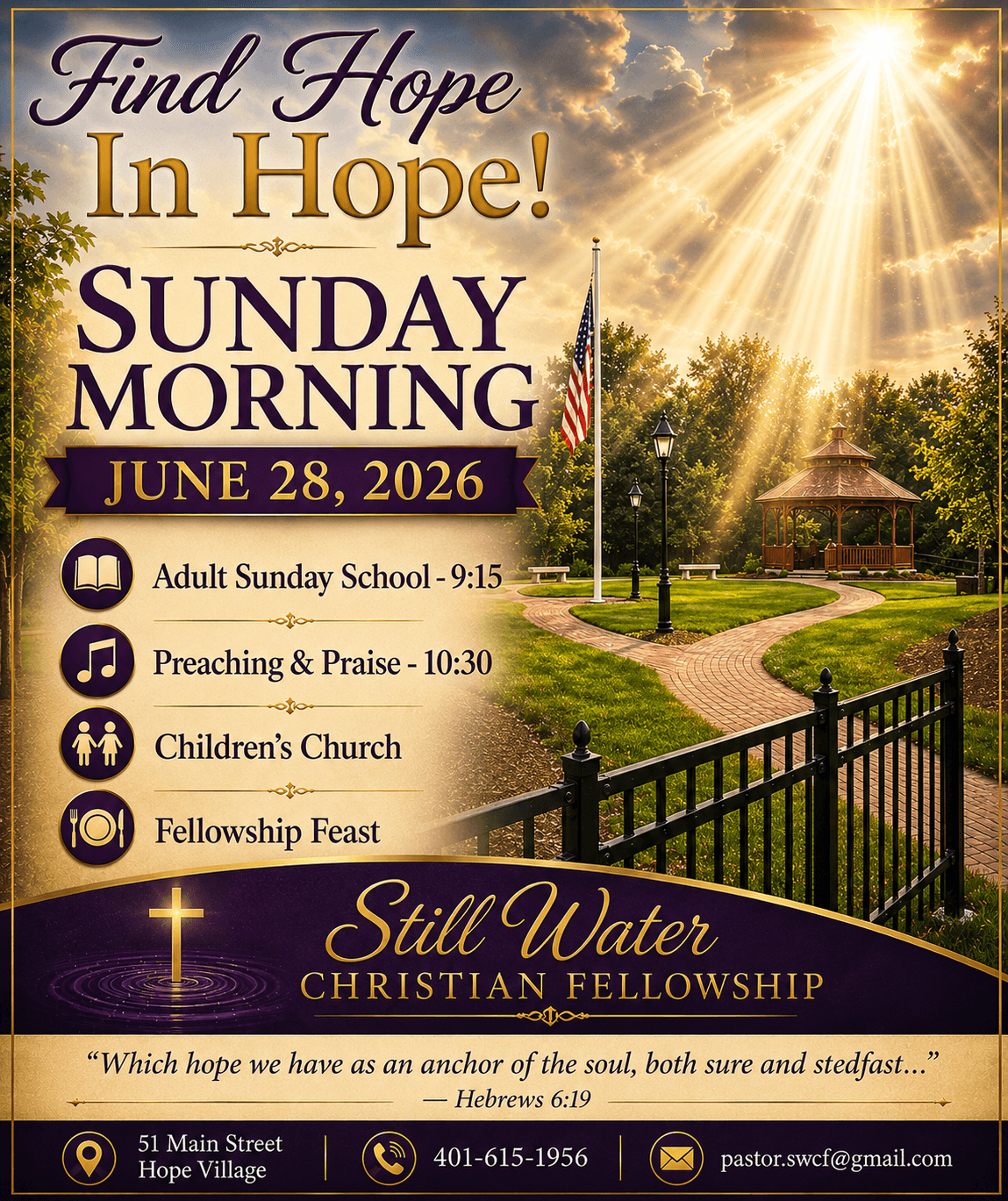See You On Sunday morning service invitation for June 28, 2026 at Still Water Christian Fellowship