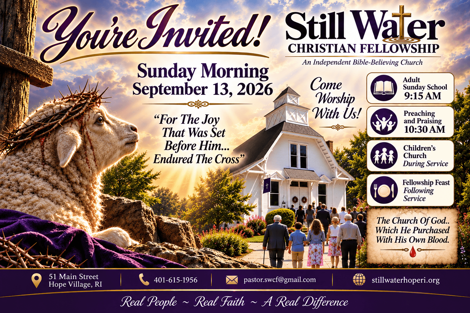 Sunday morning service invitation for September 13, 2026 at Still Water Christian Fellowship