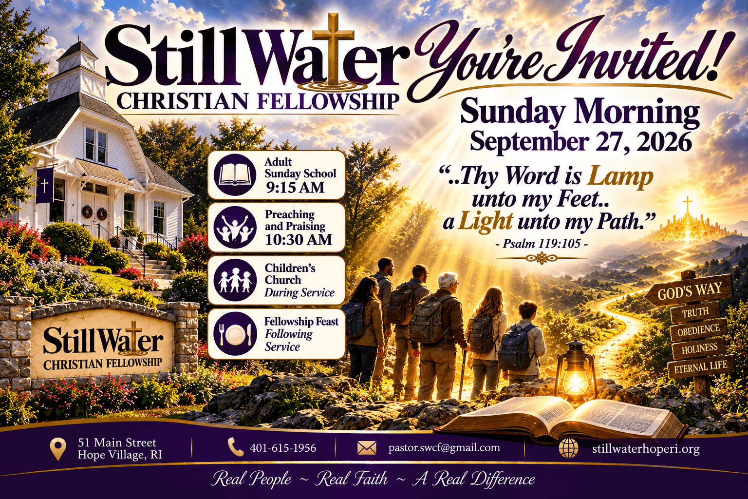 Sunday morning service invitation for September 27, 2026 at Still Water Christian Fellowship