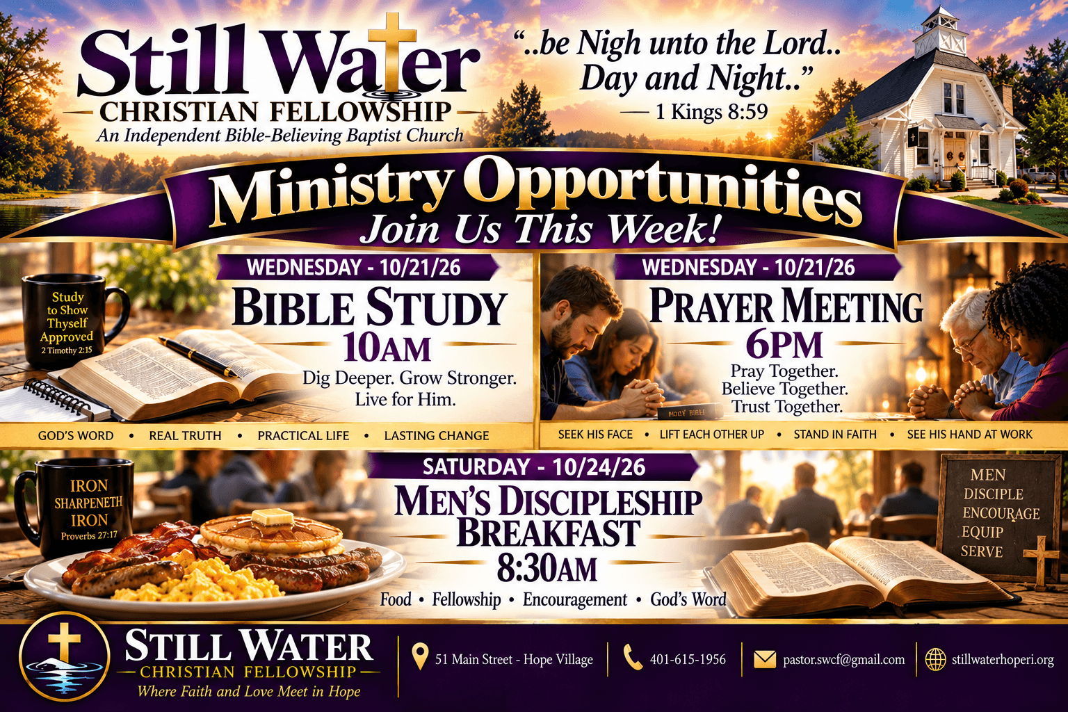 Weekly ministry opportunities for October 21 and 24, 2026 at Still Water Christian Fellowship