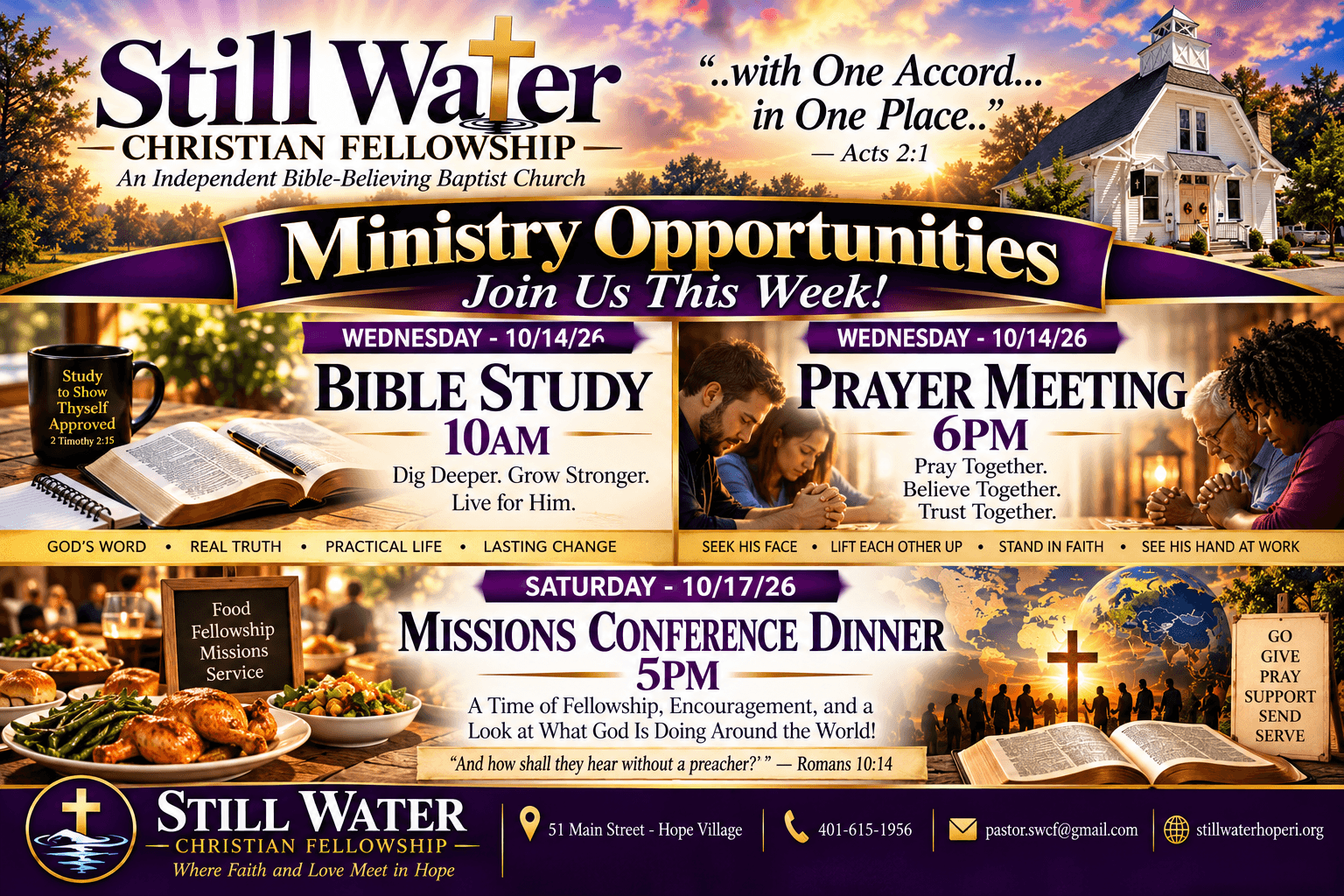 Weekly ministry opportunities for October 14 and October 17, 2026 at Still Water Christian Fellowship