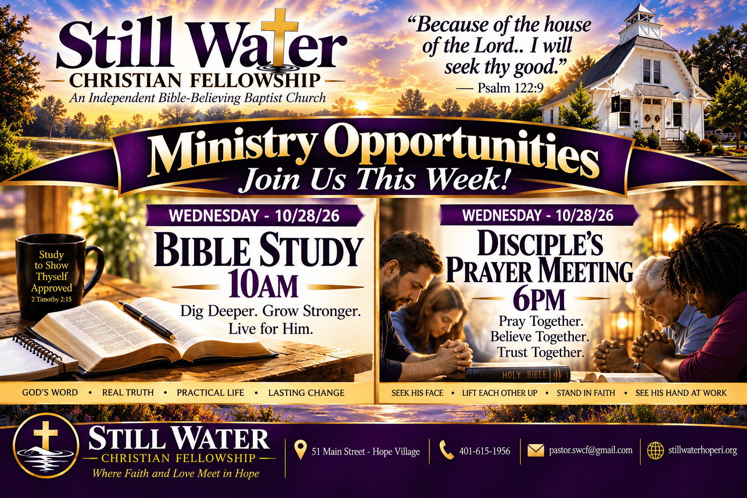 Weekly ministry opportunities for Wednesday October 28, 2026 at Still Water Christian Fellowship